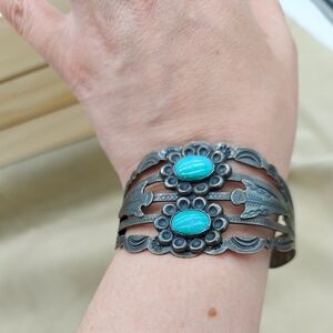 Turquoise Coin Silver (90% Ag) Cuff Bracelet Native American Arrowhead Blue